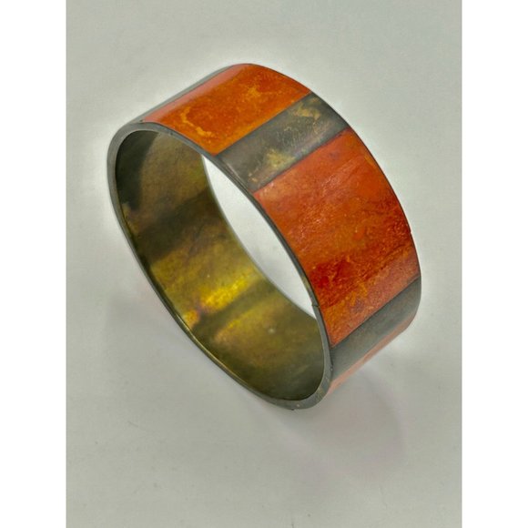 Vintage Apple Coral Sponge Coral Inlay Brass Bangle Bracelet Wide Ethnic Jewelry - Picture 4 of 8